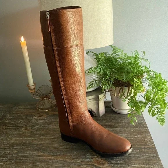 Tory Burch ‘Jolie’ Tall Luxury Riding Boots Pebbled Leather Womens 8.5 Tan Brown